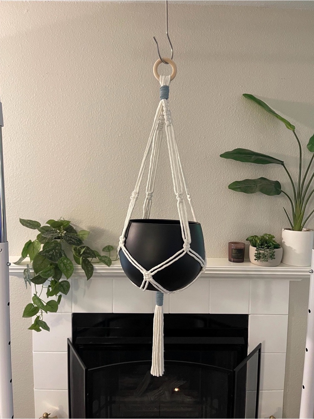Handmade Milk Macramé Plant Hanger | Steel Blue Accent | Modern Boho Home Decor